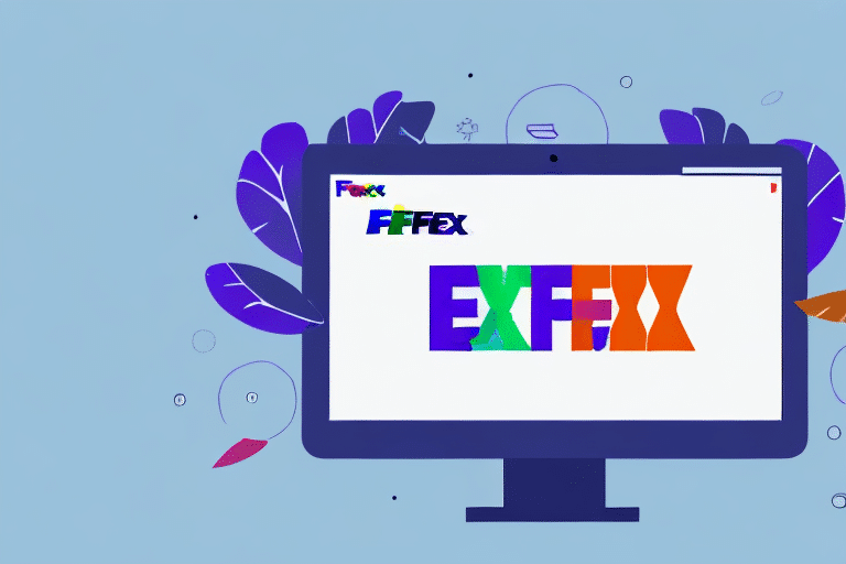 Illustration of a computer monitor displaying stylized colorful text resembling a well-known delivery company’s logo, reminiscent of FedEx Ship Manager software, with playful, abstract leaf shapes in the background on a light blue backdrop.
