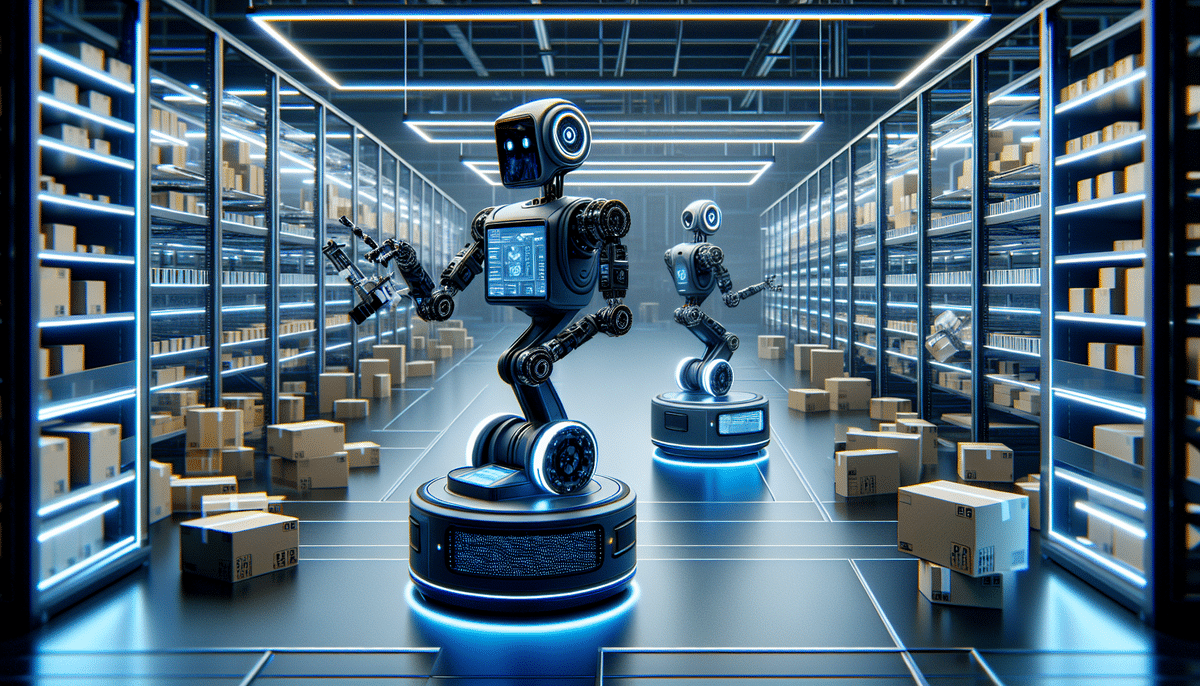 Two futuristic robots, akin to those from Locus Robotics and Geek+, organize boxes in a high-tech warehouse with illuminated shelves. With digital screens and wheels, they navigate the aisles efficiently in a blue-lit environment.