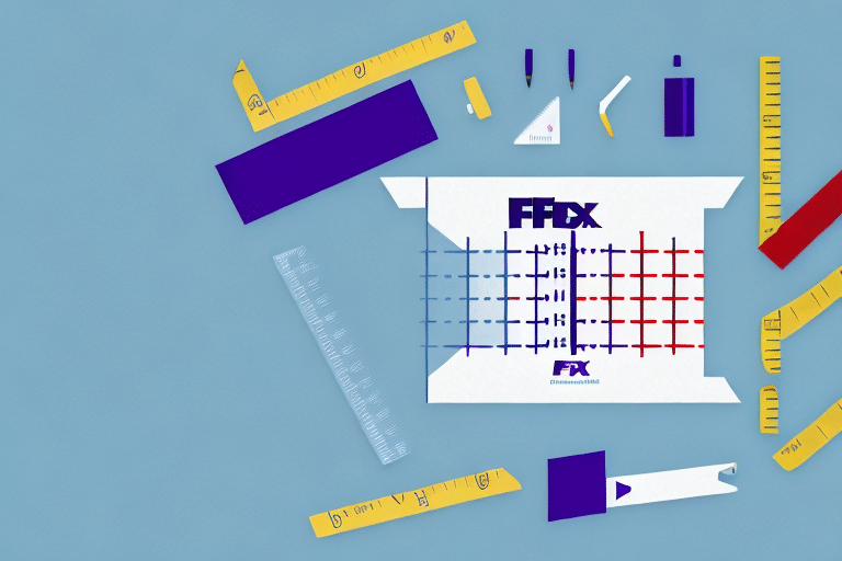 A blue background with various measuring tools, like rulers and tape measures, surrounds a central paper featuring blue and red grids labeled FFDX. Discover how to use the setup efficiently by entering dimensions accurately with FedEx Ship Manager for precise measurements.