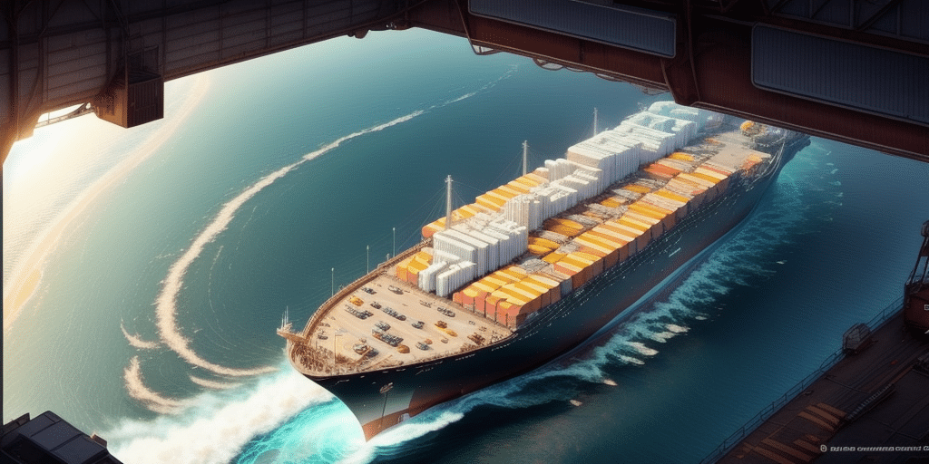 Aerial view of a large cargo ship navigating through a waterway, laden with stacked containers in various colors. The ship creates a wake as it moves under a bridge, effortlessly connecting to scale with the turquoise waters surrounding it.