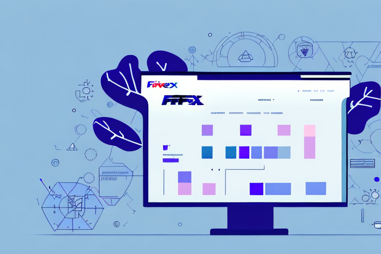 A computer monitor displays an updated webpage with a logo at the top, featuring blue and pink blocks. The background includes abstract shapes and plant accents, all set against a light blue backdrop.