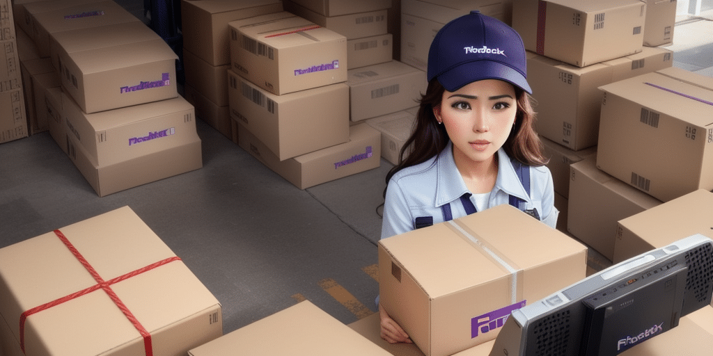 A worker wearing a blue cap and uniform stands among numerous stacked boxes in a warehouse, focusing intently on troubleshooting an issue with FedEx Ship Manager on the computer monitor. The boxes, bearing labels with a purple logo, are part of their meticulous workflow.
