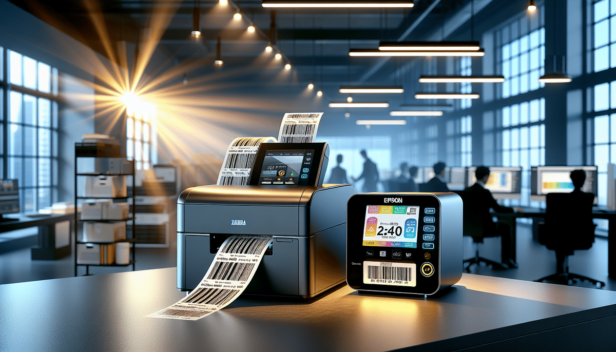 In a spacious, sunlit office with large windows, the Epson ColorWorks C3500 diligently prints labels from its modern digital display. People work at computers in the background, adding to the busy yet productive atmosphere.