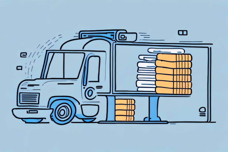 Illustration of a truck filled with stacks of books on its bed, against a blue background. The brightly colored books suggest themes of transportation and knowledge, highlighting the art of object distribution reminiscent of UPS Worldship.