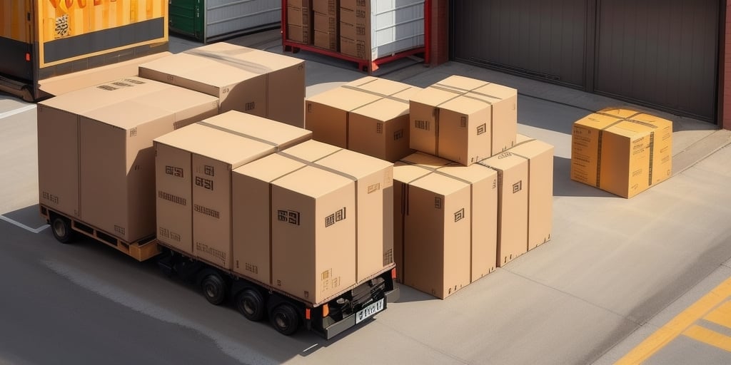 A parked truck with a flatbed trailer loaded with large cardboard boxes sits in an industrial area near a UPS Store. More boxes are stacked nearby on the ground as the Worldship Data system tracks them, and a building with a garage door is visible in the background, shadows suggesting a sunny day.