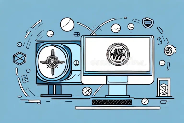 Illustration of two monitors displaying circular logos with abstract geometric designs. Various shapes, like spheres and cubes, float around on a light blue background, creating a tech-themed atmosphere reminiscent of an install instructions screen.
