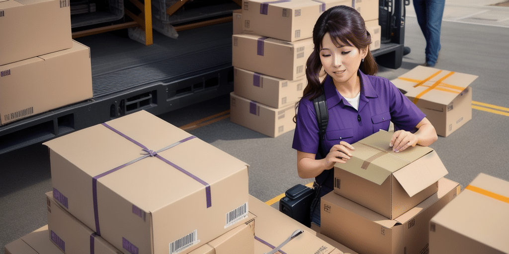 A woman in a purple uniform deftly organizes cardboard boxes beside an open delivery truck, configuring the packages efficiently. Surrounding her on the ground are numerous shipments, reminiscent of a FedEx Ship Manager setting.