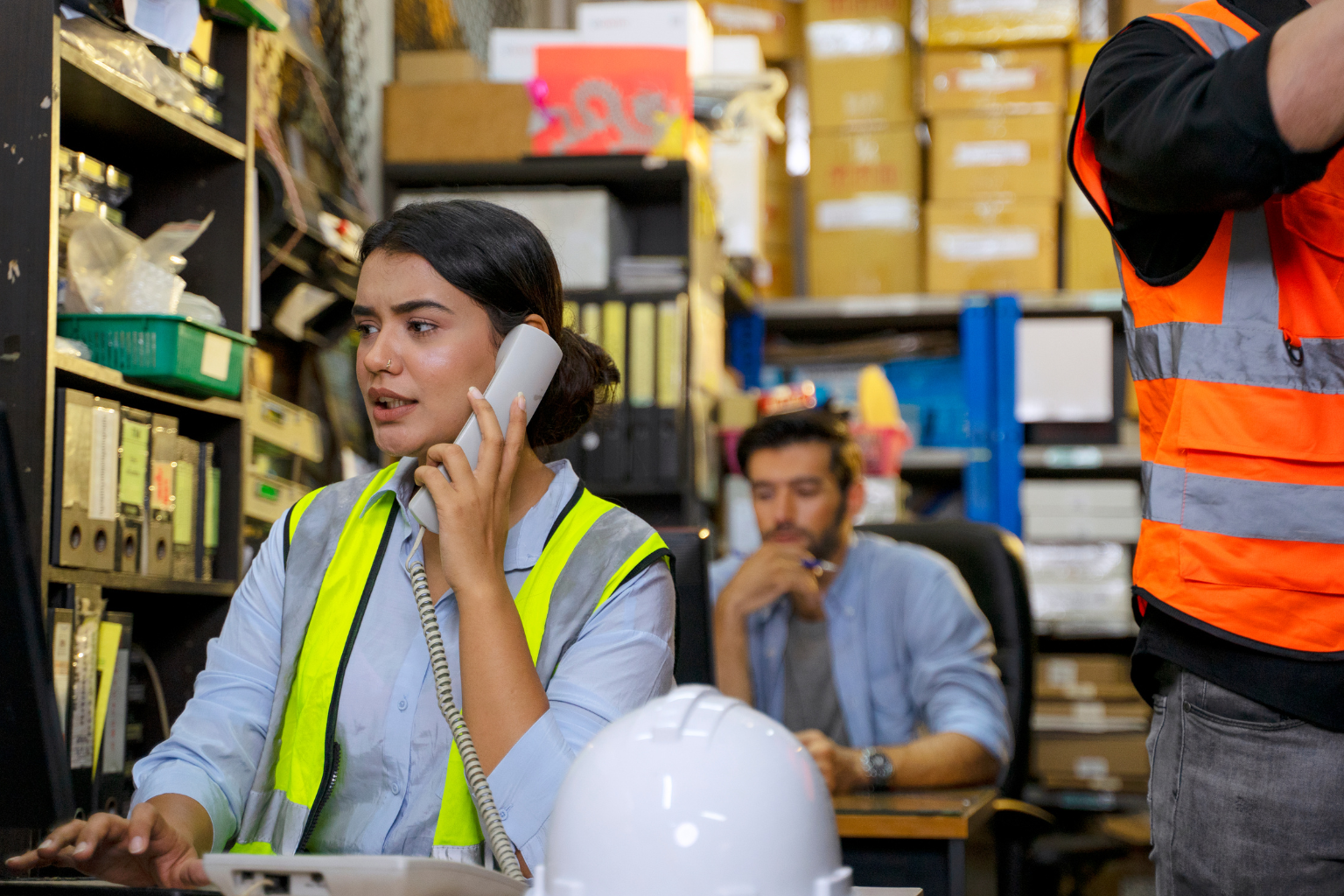A person in a high-visibility vest talks on a landline phone, tackling a UPS WorldShip problem while looking at a computer screen in an office filled with shelves and boxes. Another person sits in the background, and a third stands nearby, partly visible, also wearing a vest.