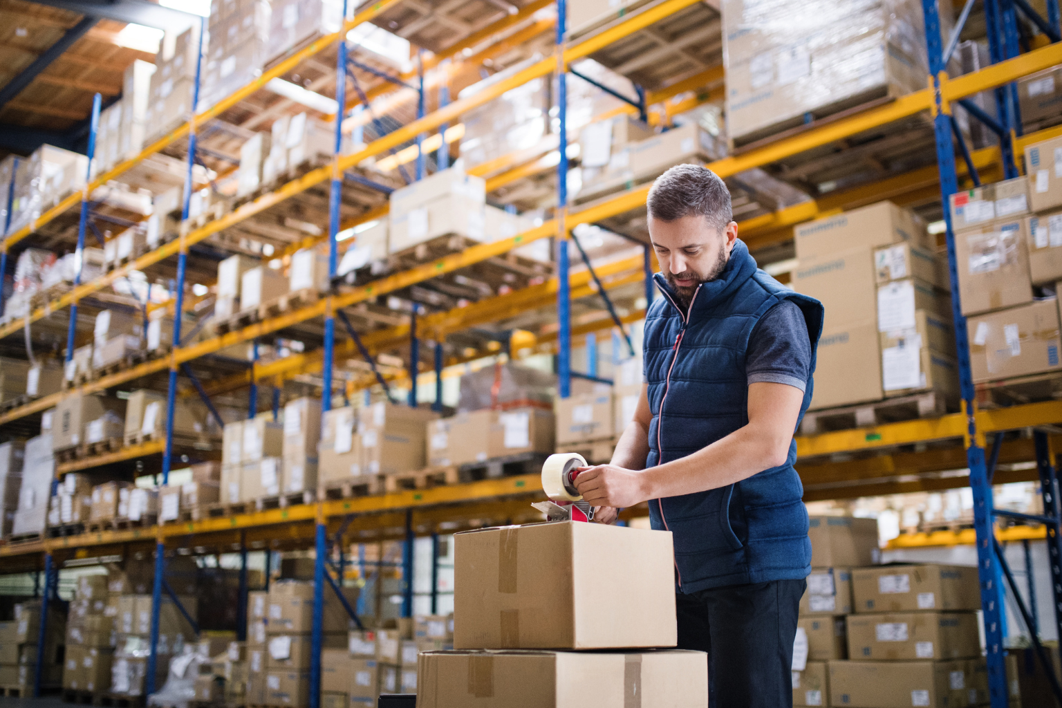 In a bustling warehouse, a man in a blue vest intently seals a cardboard box with tape. Shelves laden with various-sized boxes tower behind him, all part of the intricate dance of FedEx shipping services.