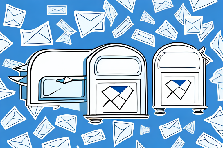 Illustration of two stylized white mailboxes with blue accents on a blue background. Envelopes appear floating around and inside the mailboxes, creating a dynamic and whimsical postal theme.