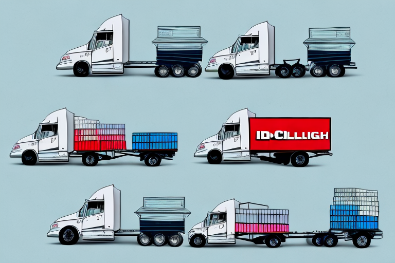Illustration of semi-trucks in various configurations: one with a high container, one with an empty flatbed, another with a red box labeled ID CILLIGH, and one with stacked colored boxes on a flatbed.