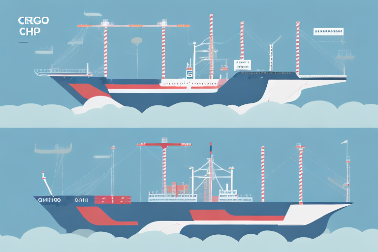 Illustration of two large cargo ships, each adorned with cranes, navigating through the ocean. The ships are depicted in a minimalist style with a blue, red, and white color palette against a light blue background. CRGO CHP is written at the top.
