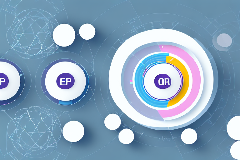 Abstract digital illustration with circular elements and translucent overlays on a blue background. Central circle labeled QR is surrounded by multicolored segments. Smaller circles with EP are scattered throughout, among geometric patterns and lines.