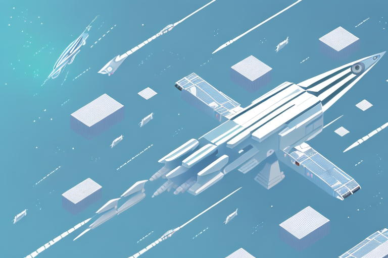 Futuristic spaceship flying through space with smaller spacecrafts and floating rectangular structures. The scene features a blue and white color scheme, giving it a sleek and high-tech appearance.
