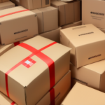 A pile of beige cardboard boxes, some secured with red and white tape, are stacked in a cluttered arrangement. Most boxes have black text and barcode labels, indicating they are ready for shipping or storage.