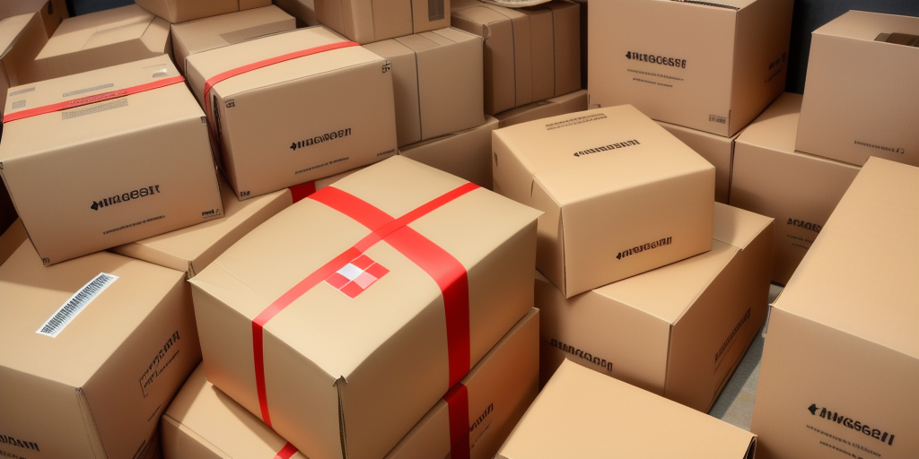 A pile of beige cardboard boxes, some secured with red and white tape, are stacked in a cluttered arrangement. Most boxes have black text and barcode labels, indicating they are ready for shipping or storage.