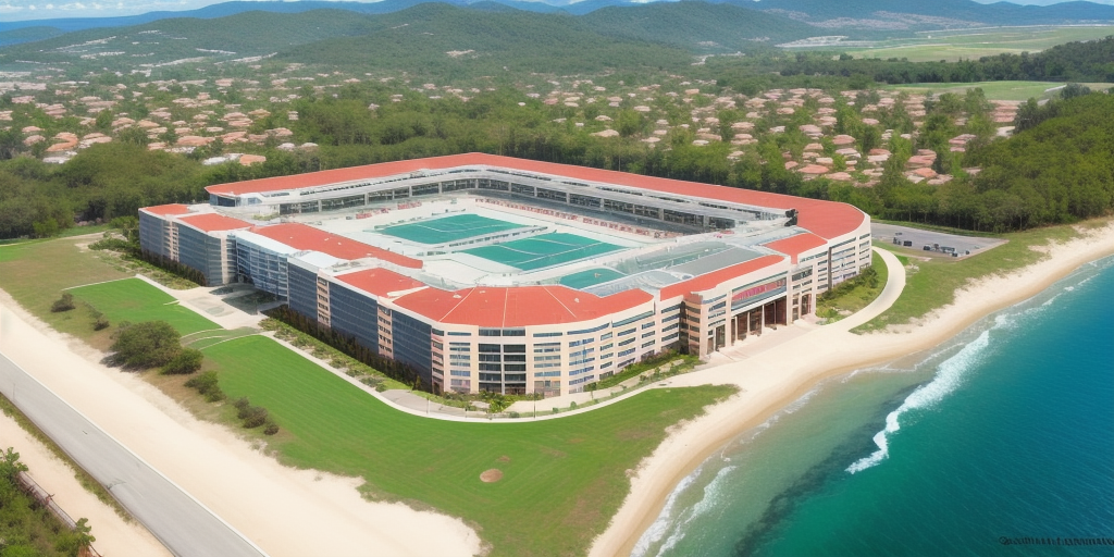 Aerial view of a large, rectangular building with a red roof, surrounded by green lawns and located next to a beach. The structure features multiple levels and courtyards, with ocean waves touching the sandy shore. Hills and residential areas are in the background.