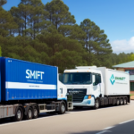 Two large trucks, one blue and one white, are parked on a road near a modern industrial building surrounded by trees. Stacks of cardboard boxes are visible on the right side of the image.