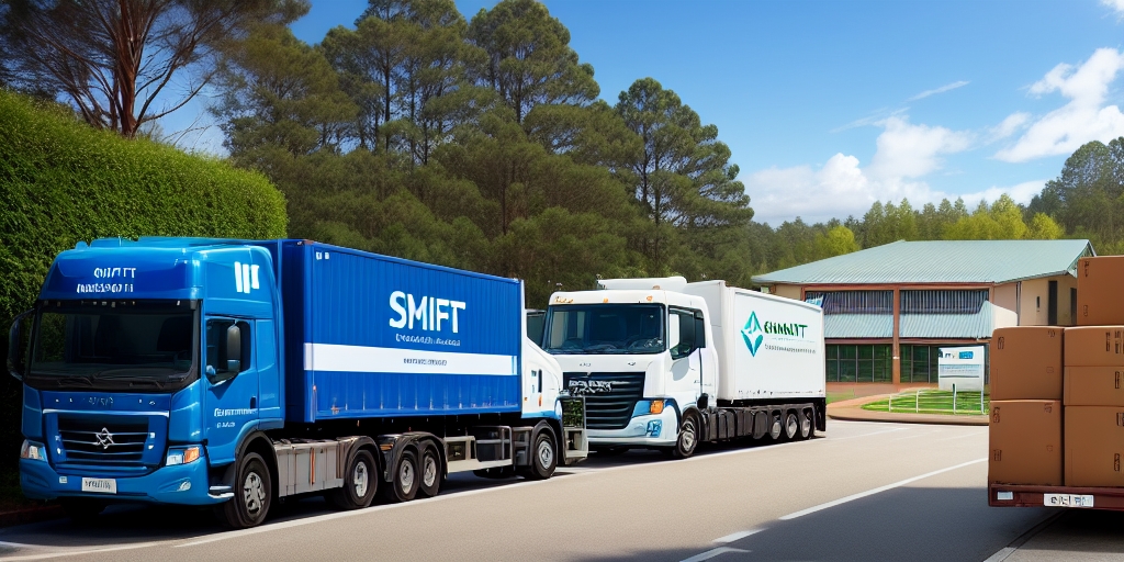 Two large trucks, one blue and one white, are parked on a road near a modern industrial building surrounded by trees. Stacks of cardboard boxes are visible on the right side of the image.