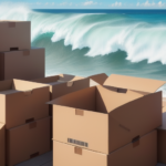 A stack of cardboard boxes is arranged near a beach shoreline, with a large ocean wave approaching in the background under a clear blue sky.