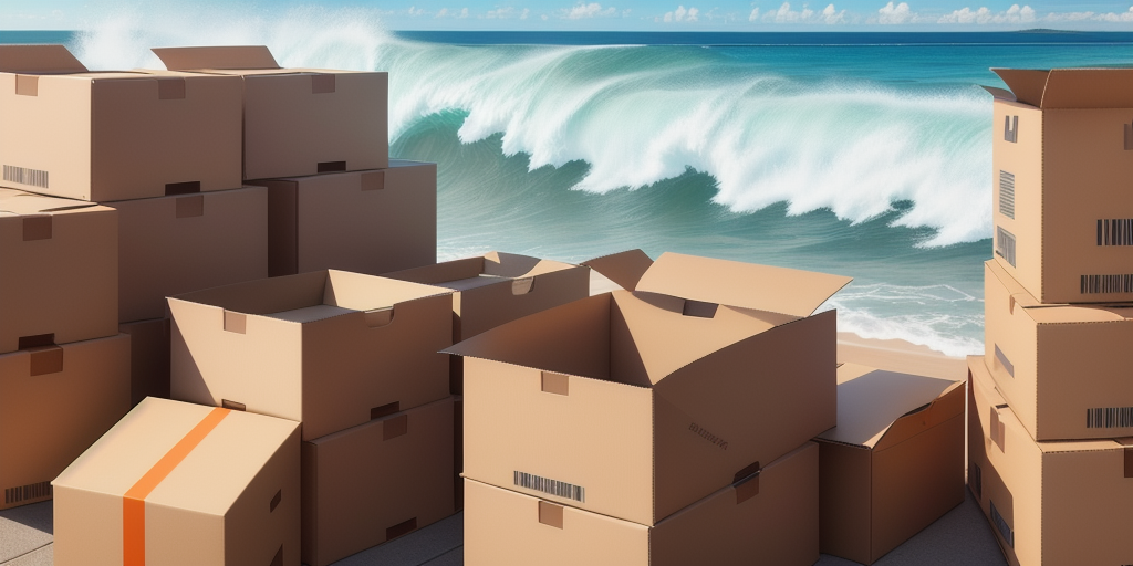 A stack of cardboard boxes is arranged near a beach shoreline, with a large ocean wave approaching in the background under a clear blue sky.