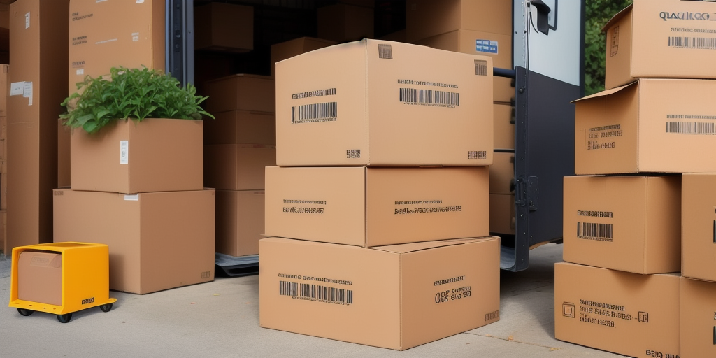 Stacks of brown cardboard boxes with barcodes are piled on the ground next to an open moving truck. A potted plant is visible on one box, and a yellow dehumidifier stands nearby.