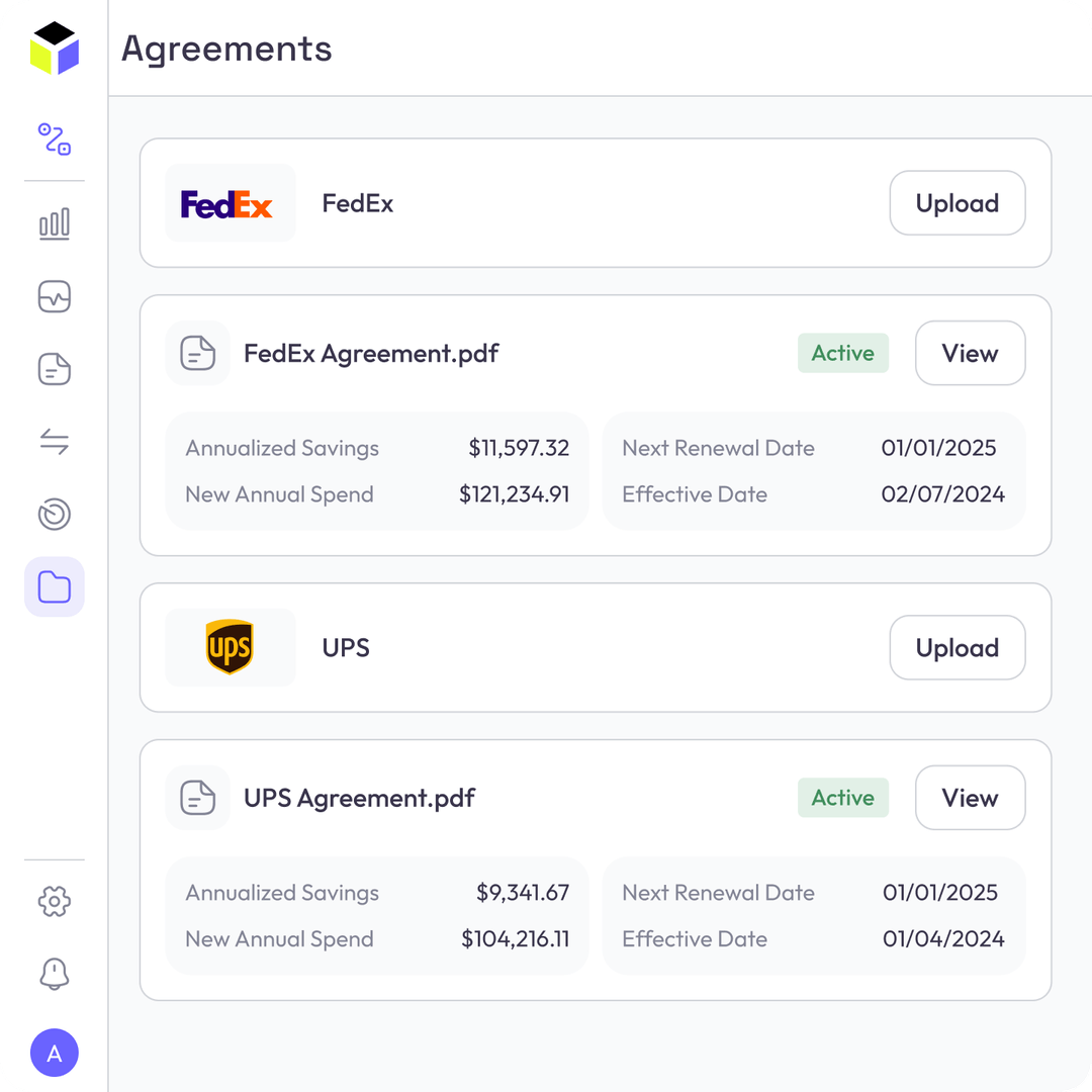 Screenshot of a software interface showing agreements for FedEx and UPS. Each has an option to upload files and displays details like annualized savings, new annual spend, next renewal date, and effective date, marked as active.