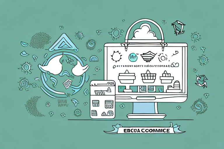 Illustration of an e-commerce website interface on a computer screen with baskets and icons. Surrounding the screen are shopping-related doodles, abstract shapes, and symbols, all on a teal background. A stylized ribbon reads E-commerce.