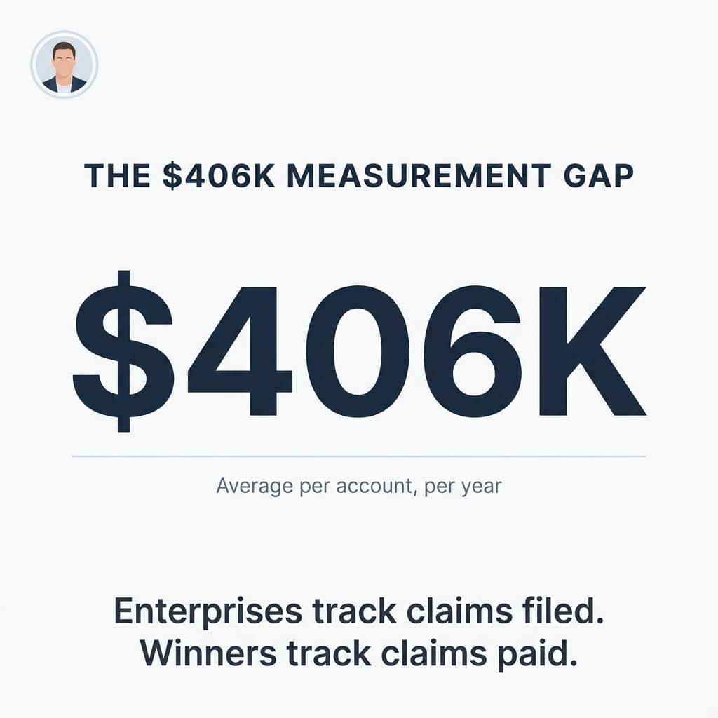 Graphic showing “The $406K Measurement Gap” with large $406K text, labeled Average per account, per year. Caption reads: Enterprises track claims filed. Winners track claims paid. Small avatar in upper left corner.