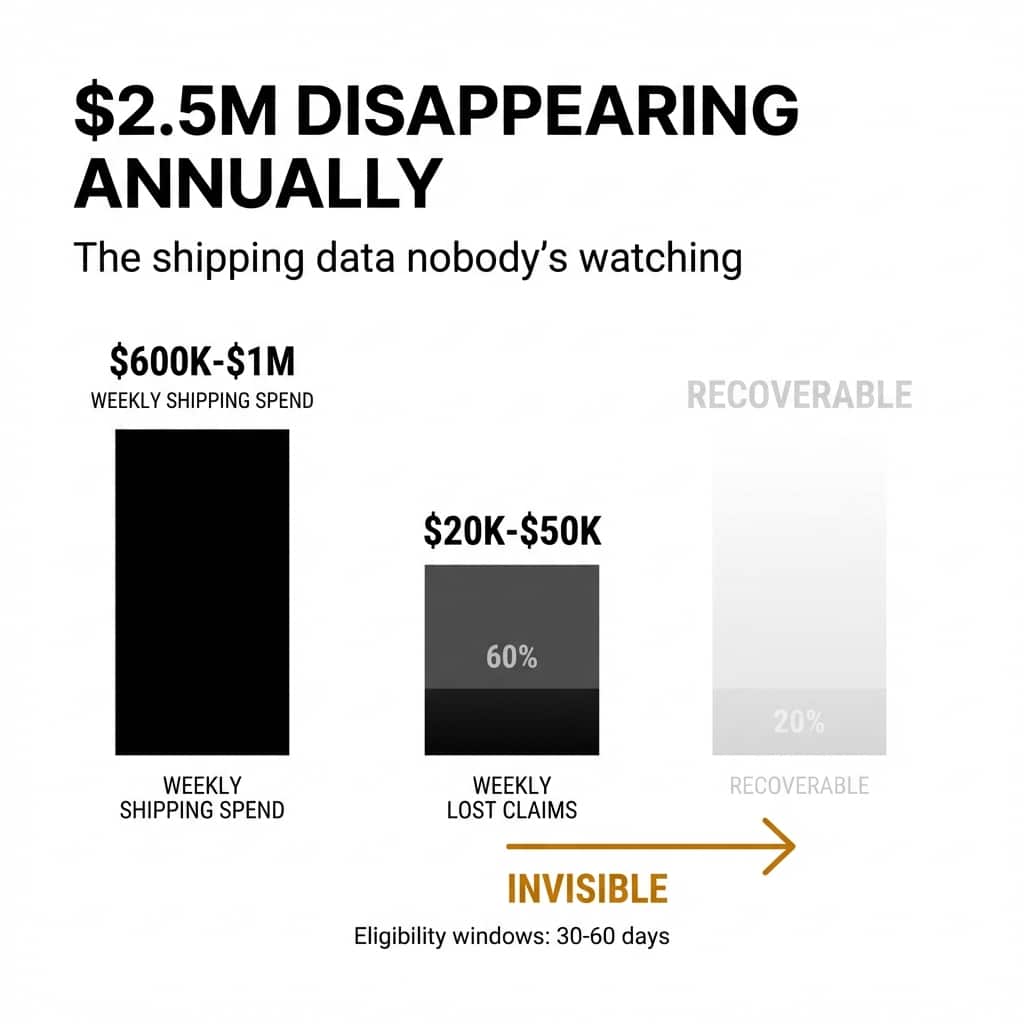 Infographic reveals a gold mine of insights: $2.5M vanishes yearly in unclaimed shipping losses. Weekly spend hits $600K–$1M; lost claims: $20K–$50K (60% go unseen). Only 20% recoverable with a 30–60 day eligibility window—shipping analytics can help stop the drain.