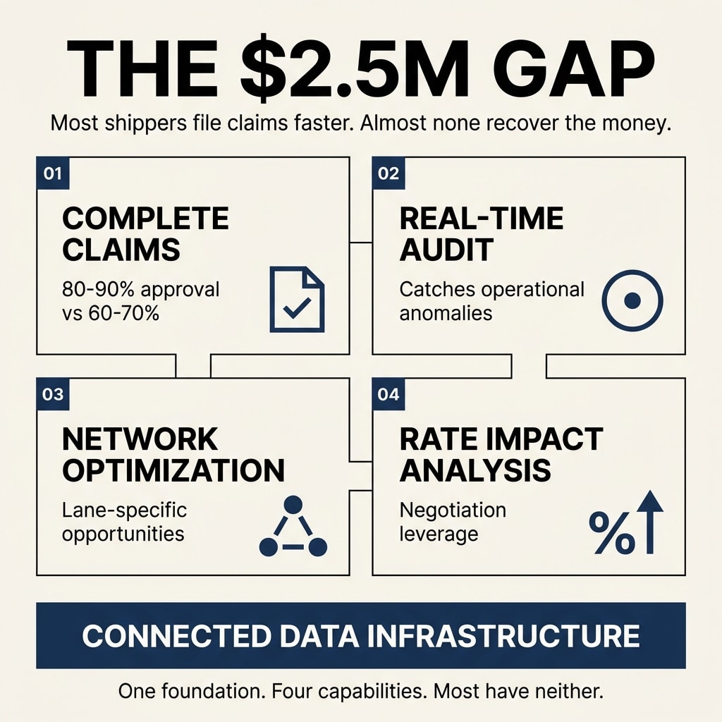 Infographic titled The $2.5M Gap outlining four key capabilities—complete claims, real time audit, network optimization, and rate impact analysis—that help shipping operations recover millions via connected data infrastructure.