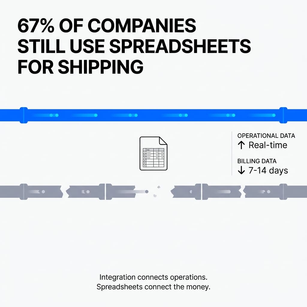 Infographic showing 67% of companies still use spreadsheets for shipping. Real time operational data in the shipping stack is connected, but billing data, taking 7–14 days, is disconnected. Integration connects operations. Spreadsheets connect the money.