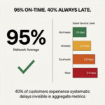 Infographic: 95% ON TIME. 40% ALWAYS LATE. Left side highlights the 95% Network Average for transit time with a green check. Right side bar chart uses data analysis to show average service delays across regions: Northeast, Midwest, Southeast, and West.
