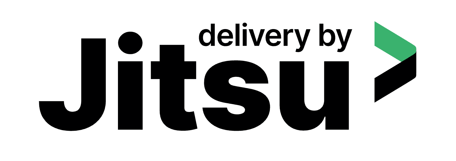 Black text delivery by Jitsu with a green and black stylized arrow to the right of the word Jitsu, on a light gray background.
