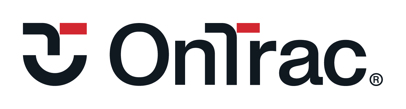OnTrac logo with bold black lettering and two red rectangular accents above the O and T, on a light gray background.