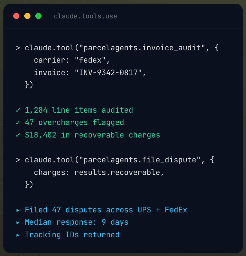 A dark themed code editor shows sample code for auditing invoices with parcelagents. Green text highlights: 1,284 line items audited, 47 overcharges flagged, $18,402 recoverable. Bullet points summarize disputes and median response time.