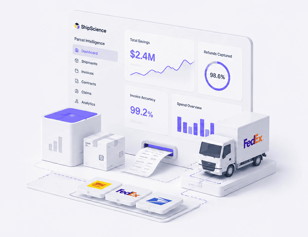 3D illustration showing a logistics dashboard with charts for savings, invoice accuracy, and refunds. In front are parcels, a receipt printer, and a FedEx delivery truck, representing parcel intelligence and shipping analytics.