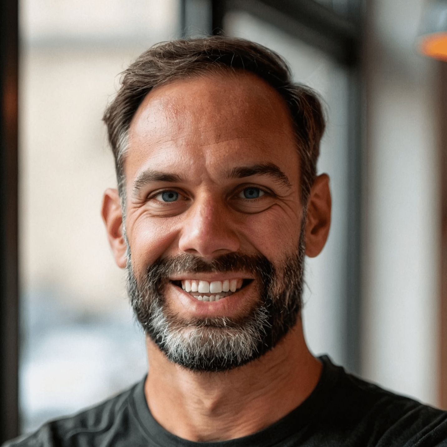 A man with short brown hair and a beard smiles at the camera. He is wearing a black shirt and standing indoors near a window with soft natural light in the background.