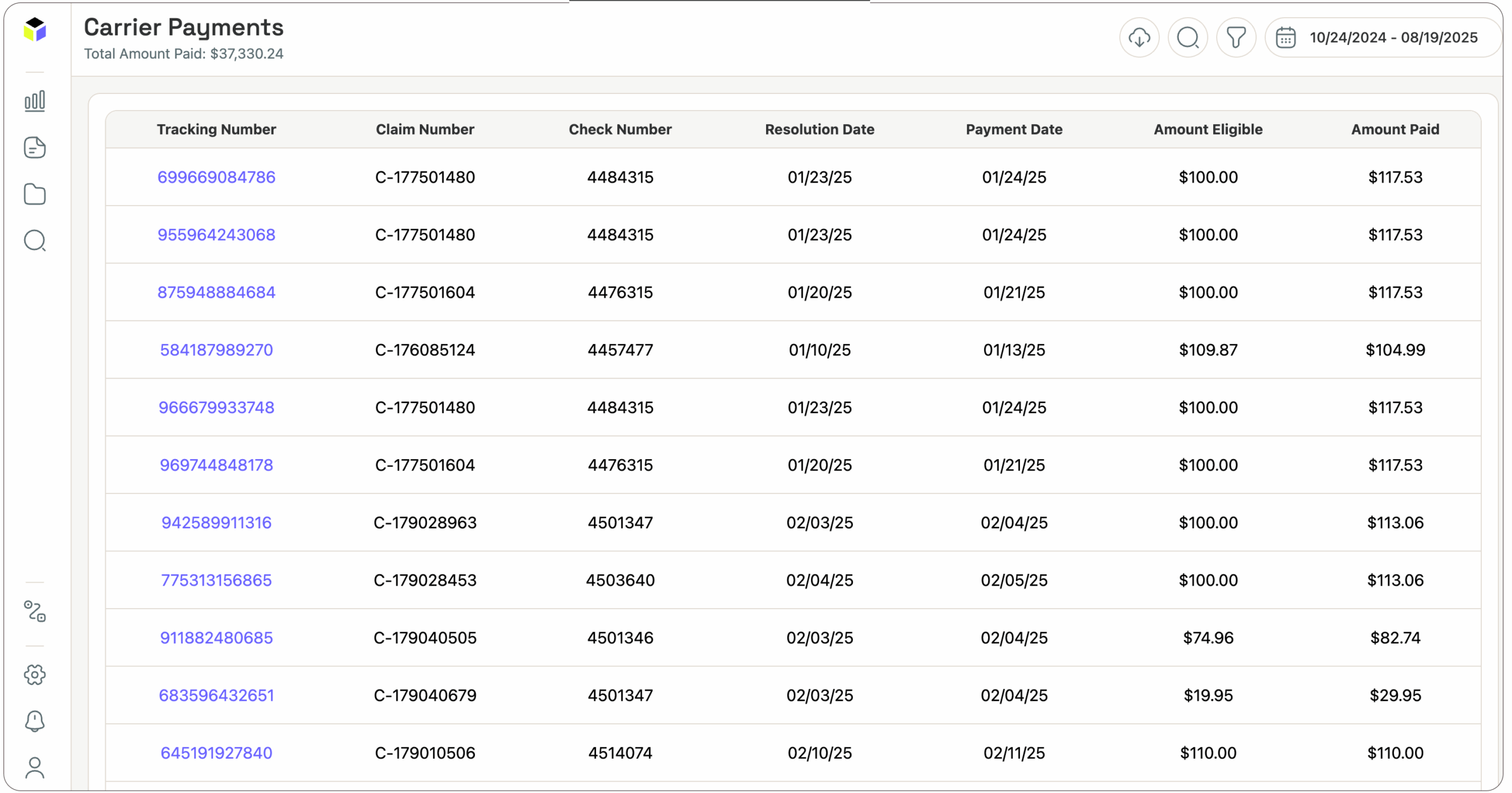 A table titled Carrier Payments lists payment details, including tracking and claim numbers, check numbers, dates, eligible amounts, and paid amounts for various claims. Total amount paid is $8373.24.