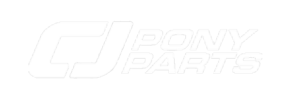 White logo with the stylized letters CJ on the left, followed by the words Pony Parts in bold, uppercase font to the right. The entire logo is set against a light gray background.