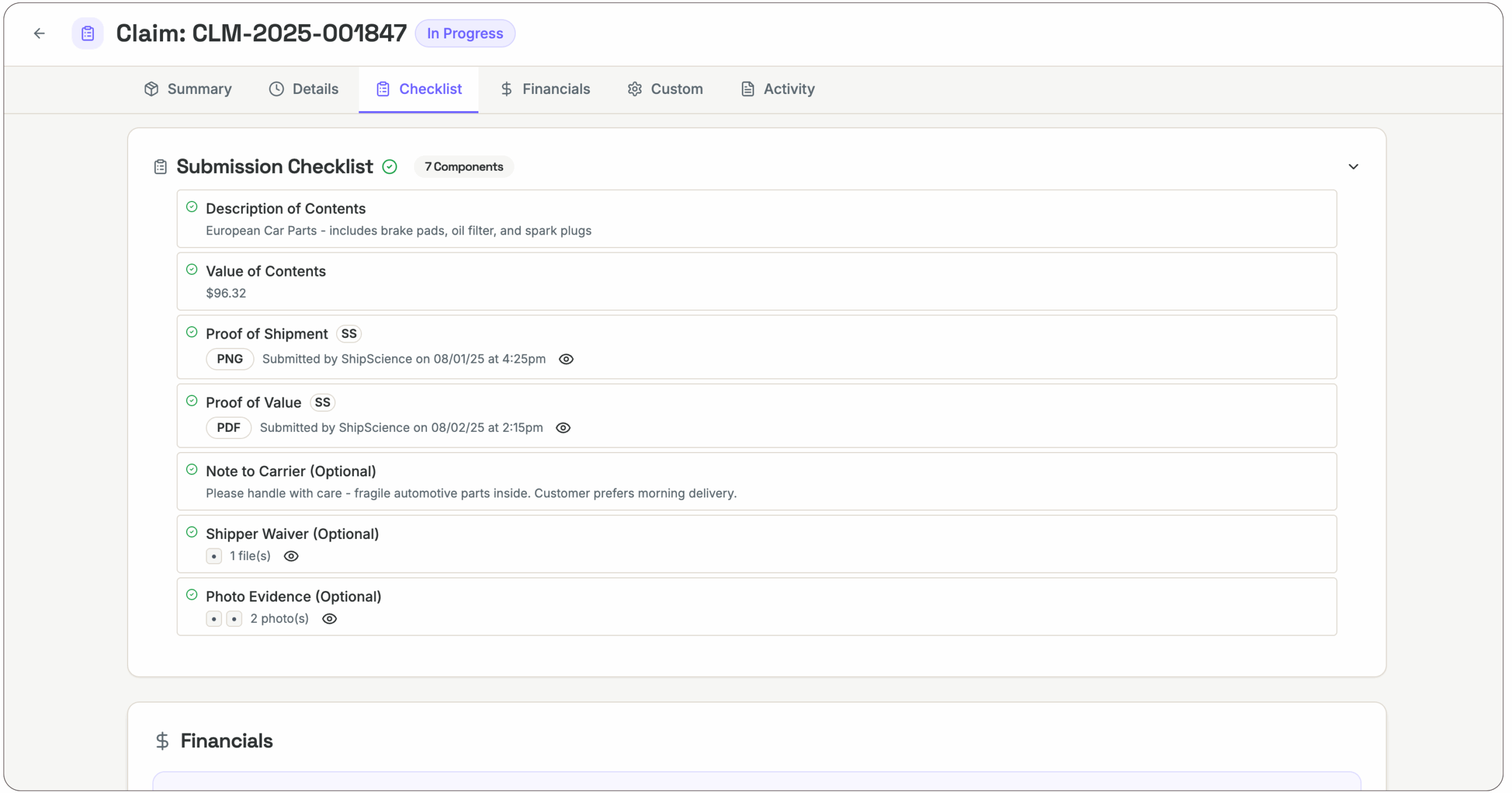 A digital claim management interface displays the Checklist tab, showing a submission checklist with sections for description, value, proof of shipment, notes, waiver, and photo evidence, some marked as optional or completed.
