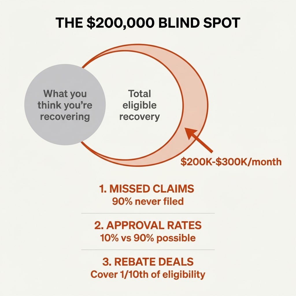 A Venn diagram shows what you think you’re recovering as a smaller circle within total eligible claims recovery, with a $200K–$300K/month blind spot. Below are three issues: missed claims, approval rates, and ECS Tuning rebate deals.