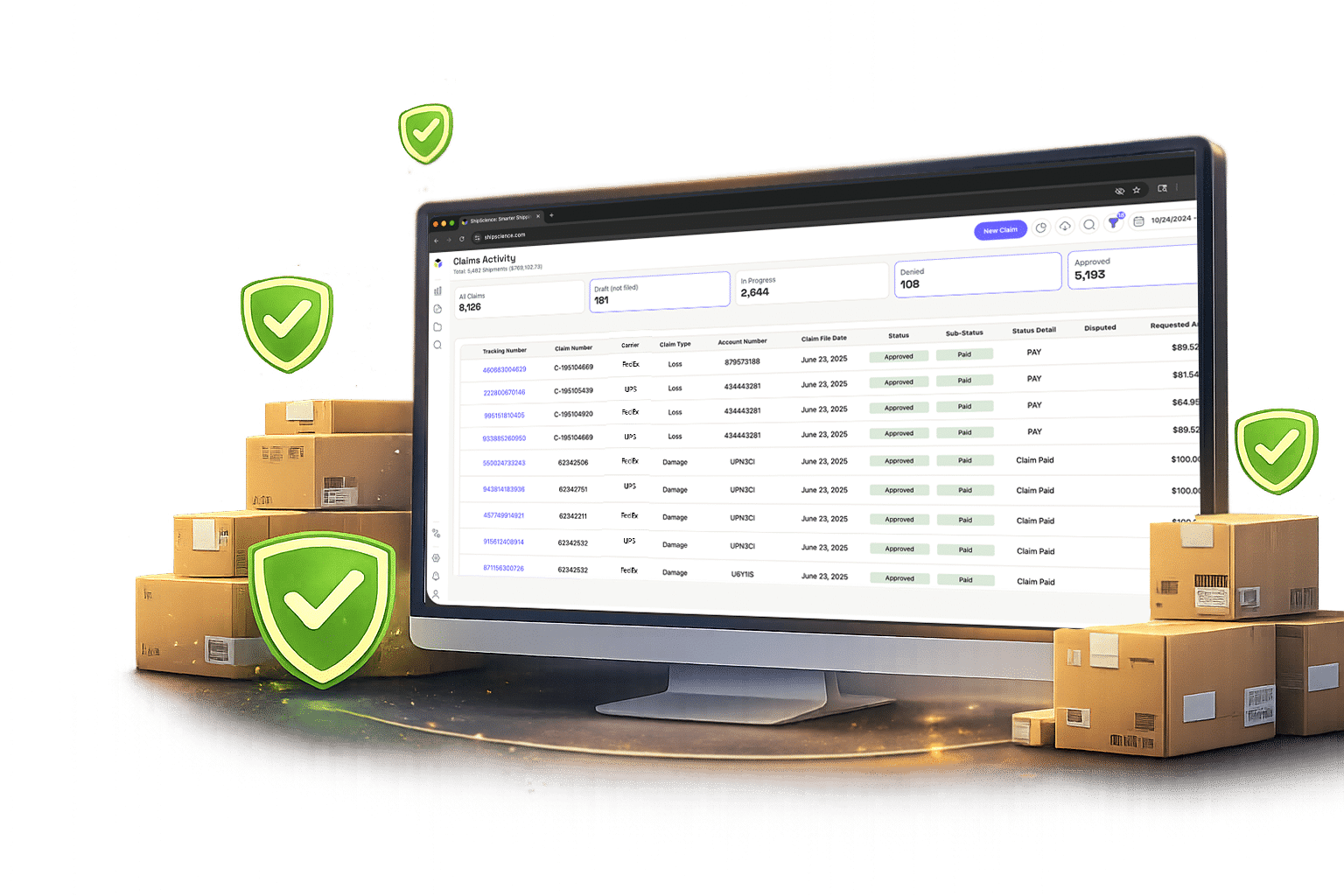 A computer monitor displays an inventory management dashboard, surrounded by cardboard shipping boxes and green shield icons with checkmarks, symbolizing secure, efficient logistics and order processing.
