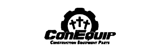Logo for ConEquip Construction Equipment Parts featuring three crosses inside a gear symbol above the bold text ConEquip and smaller text below reading Construction Equipment Parts.