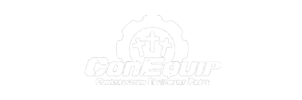 White logo on a light gray background showing the word ConEquip beneath a gear with three crosses inside it. The text Construction Equipment Parts appears below the main logo.