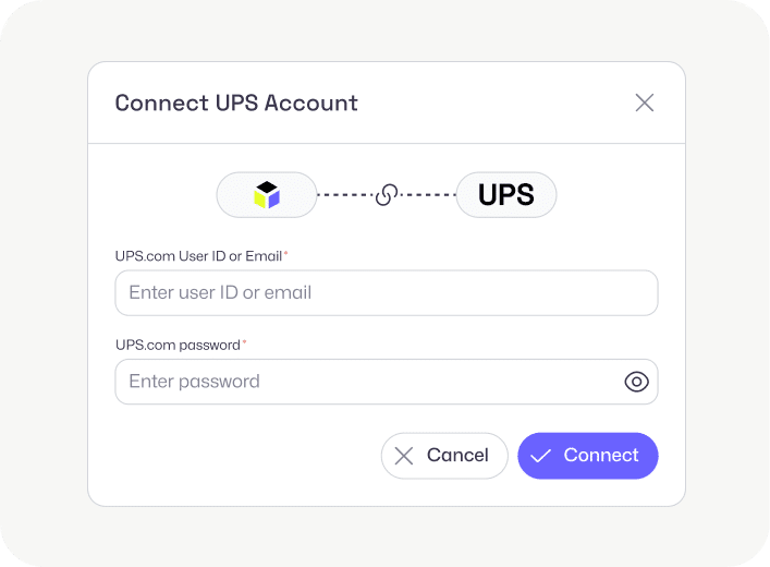 A user interface window titled Connect UPS Account with fields for UPS.com user ID or email and password, plus Cancel and Connect buttons at the bottom right. UPS logo is shown near the top.