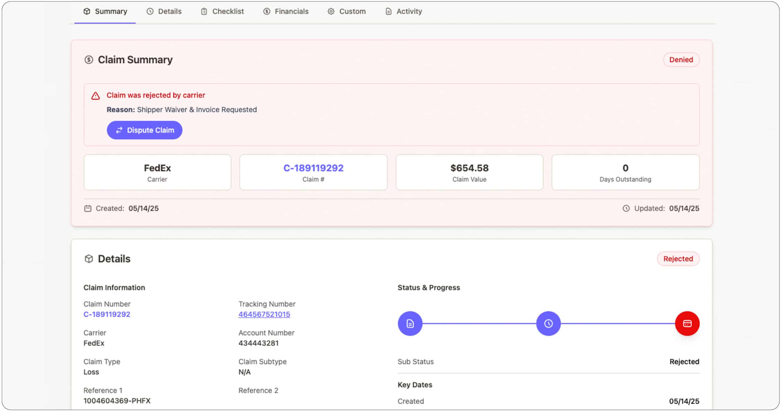 A dashboard showing a denied claim summary with details, including carrier (FedEx), claim value ($654.58), dates, tracking info, and a status marked Rejected in red. A blue Dispute Claim button is visible.