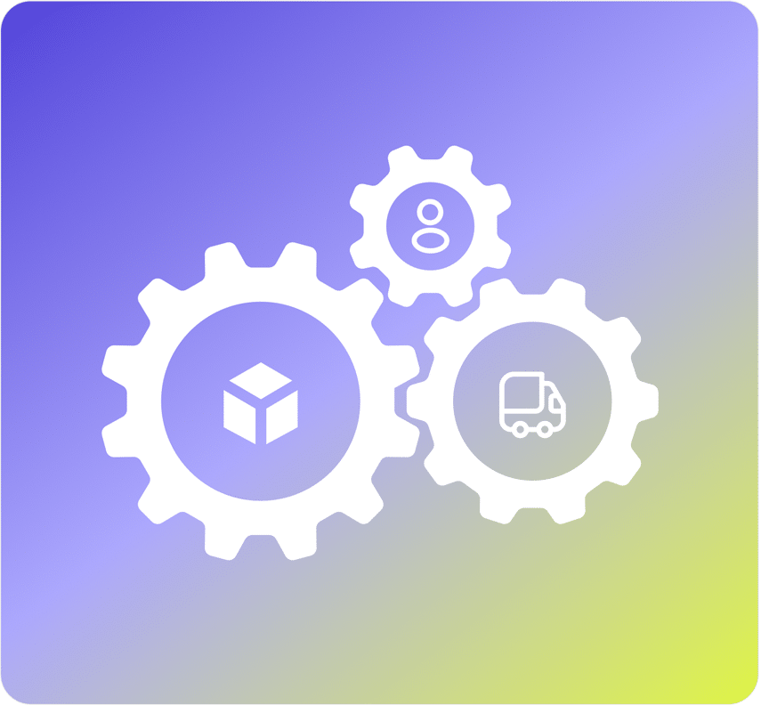 Three white gears on a purple to green gradient background. The largest gear has a cube icon, the medium gear has a truck icon, and the smallest gear has a person icon.