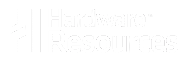 White logo with the words Hardware Resources in a modern font. To the left of the text is a stylized “H” made of three vertical and angled bars. The background is also white.