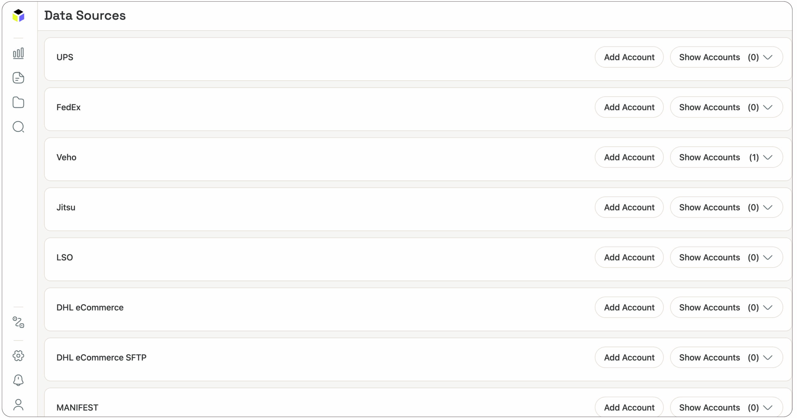 A dashboard lists shipping data sources: UPS, FedEx, Veho, Jitsu, LSO, DHL eCommerce, DHL eCommerce SFTP, and MANIFEST, each with “Add Account” and “Show Accounts” buttons on the right.